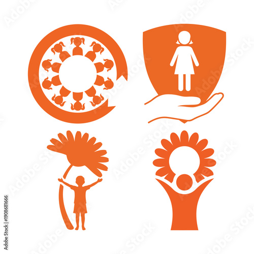 Maio Laranja Child Protection 4 Icon Bundle with Ribbon, Shield and Flower Children Silhouettes
