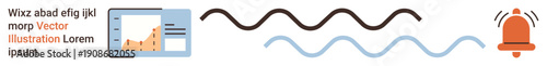 Data analysis, communication, alert systems, information flow, trend monitoring, notification signals. Graph with waves and bell icon. Data analysis and communication concepts