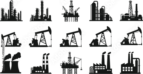 Collection of industrial oil and energy production silhouettes Keywords: oil refinery oil pump jack drilling rig industrial plant