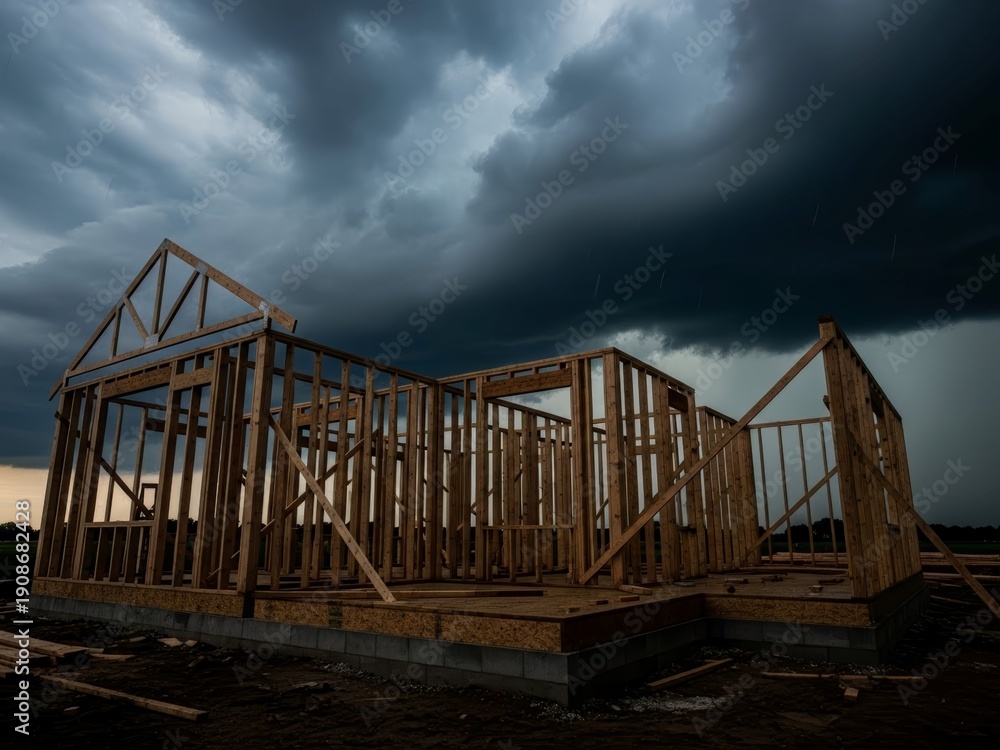 Fototapeta premium Unfinished wooden structure exposed to rain and gloomy sky, representing the housing market crisis or project abandonment.