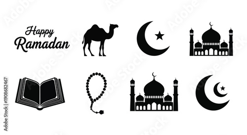 Vector illustration of a set of three camel silhouettes traveling past a vintage mosque and dome under a crescent moon for a Ramadan travel card design