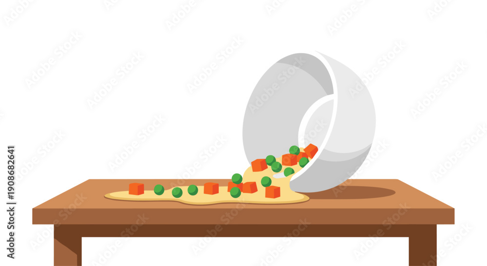Fototapeta premium A white bowl is tipped over, spilling cooked mixed vegetables like peas and carrots onto a wooden table surface.