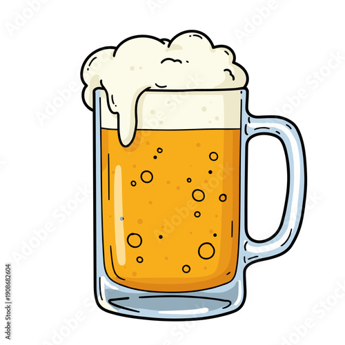 Beer mug overflowing with foam and golden liquid  
