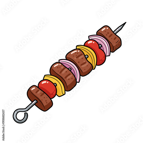 Grilled kebab skewer with meat and vegetables on white background  