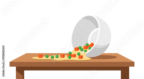 A white bowl is tipped over, spilling cooked mixed vegetables like peas and carrots onto a wooden table surface.
