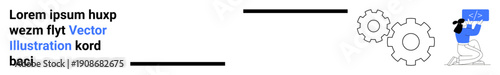 Technology, workflow optimization, data analysis, system mechanics, business processes, automation. Diagram with gears, text block and a stylized figure interacting with data. Workflow optimization