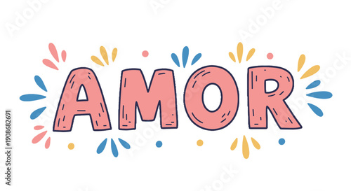 Colorful illustration of the word 'Amor' with playful design elements  
