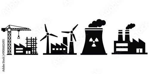 Industrial factory icons including crane wind turbines and power plants Keywords: factory industrial building construction crane
