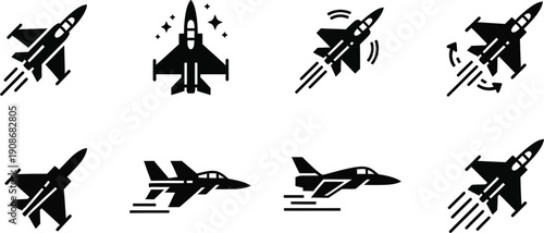  F-16 fighter jets from various perspectives silhouette.  Military fighter jets