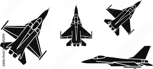  F-16 fighter jets from various perspectives silhouette.  Military fighter jets