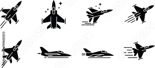  F-16 fighter jets from various perspectives silhouette.  Military fighter jets