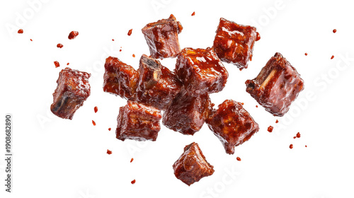 Falling juicy barbecue ribs pieces without bones on transparent background