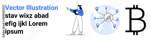 Person analyzing digital data with global network, Bitcoin symbol, and pinpoints. Ideal for blockchain, cryptocurrency, fintech, global business, decentralized networks, financial innovation simple