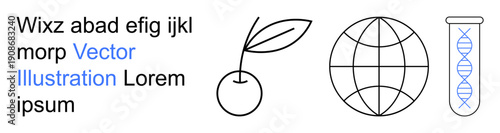 Science education, molecular biology, environmental conservation, global research, natural resources, genetics. Line art of a cherry, globe leaf and DNA test tube. Science education and genetics