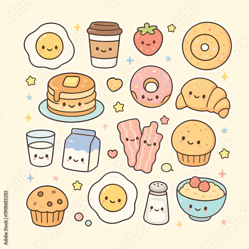 Collection of cute kawaii-style breakfast foods and drinks features pancakes, fried eggs, coffee, and milk cartons arranged randomly.