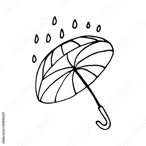 Umbrella with rain, simple black and white doodle vector hand drawn isolated.