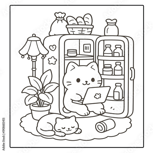 A cute cat character works on a laptop inside an open refrigerator surrounded by food items and a sleeping companion cat.