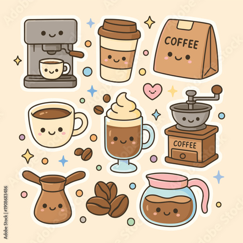 Cute kawaii coffee icons illustrating various brewing methods and drinks are arranged against a light background.