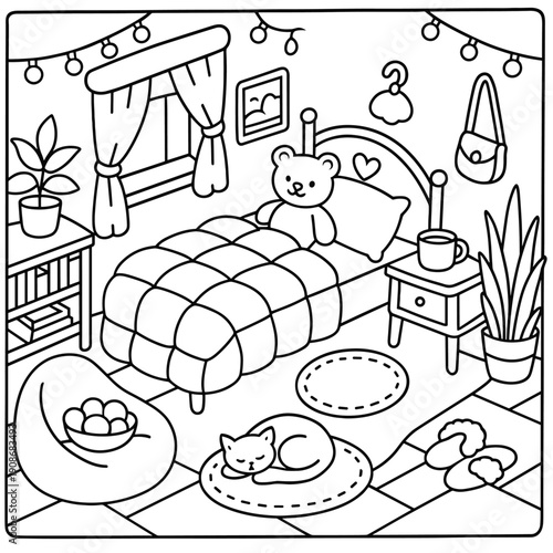 An isometric black and white line drawing depicts a cozy, decorated bedroom scene featuring a made bed with a teddy bear and a sleeping cat.