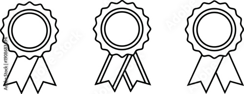 Three award ribbons outline design, recognition badge symbols, achievement prize vector illustration, honor emblem graphic, competition reward icon