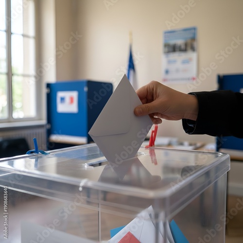 Main déposant un bulletin de vote dans une urne transparente lors d'une élection démocratique en France et en Europe