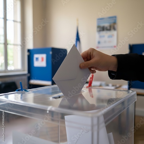 Main déposant un bulletin de vote dans une urne transparente lors d'une élection démocratique en France
