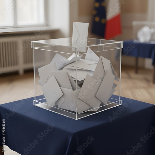 Urne électorale transparente remplie de bulletins de vote déposés sur une table lors d'un scrutin officiel