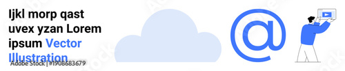 Cloud icon, large email at-sign, and user using a laptop. Ideal for cloud computing, email, technology, communication, storage, remote work simple landing page