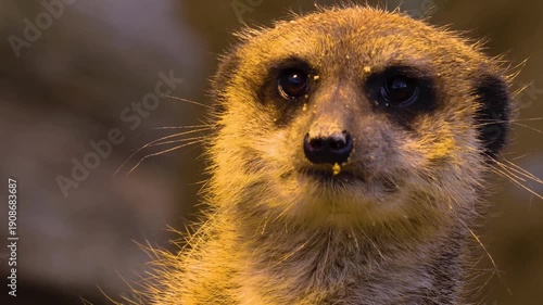 Close up meerkat sitting down in sand and looking around on a cloudy day
