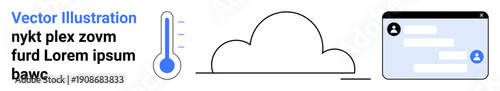 Weather forecasting, cloud technology, online communication, temperature monitoring, data visualization, digital tools. Minimal thermometer, cloud and chat window. Weather forecasting and cloud