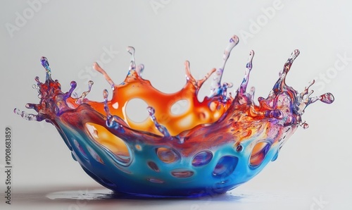 Dynamic splash of colorful liquid forming intricate patterns, frozen mid-air against a clean white background for a bold visual effect