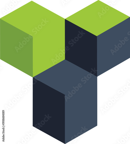 Three interlocking rectangular prisms vector illustration, 3D geometric design, modern abstract shape graphic, perspective depth concept symbol