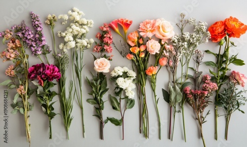 Elegant flat lay of fresh flowers arranged in a minimalist design on a soft pastel surface, illuminated by diffused light