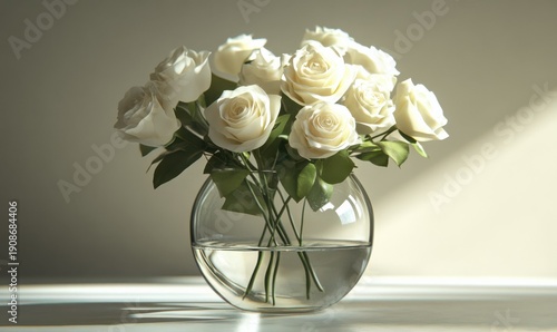 Elegant glass vase filled with fresh white roses, placed on a minimalist surface and illuminated by soft natural light