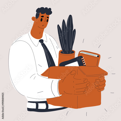 Cartoon vector illustration of a man holding a box with personal items after being fired, symbolizing job loss, change, and new beginnings