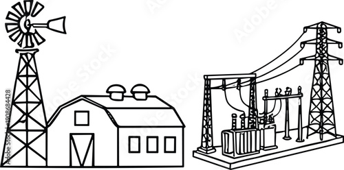 Rural farm with windmill and electrical substation with power lines barn farm building