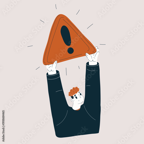 Cartoon vector illustration of a man holding a triangle with an exclamation mark, symbolizing warning, caution, and responsibility
