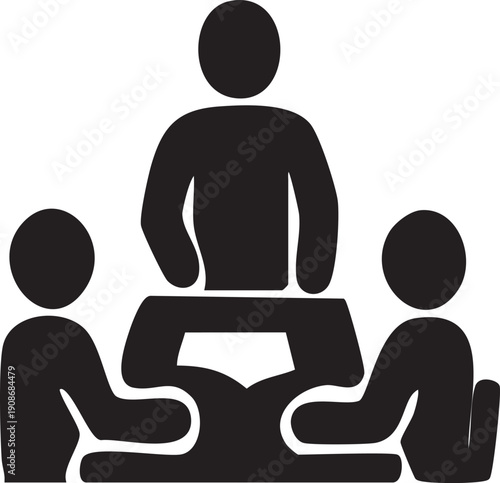 A professional cartoon illustration of a businessman person sitting in an office chair at a desk working on a 3d laptop computer concept for internet technology and web business communica