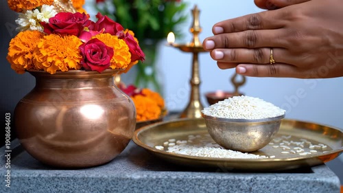 Hindu Traditional Ritual Offering Of Rice Grains From Cupped Hands Into A Metal Bowl During A Religious Ceremony With A Brass Oil Lamp And Colorful Flower Garland In The Background