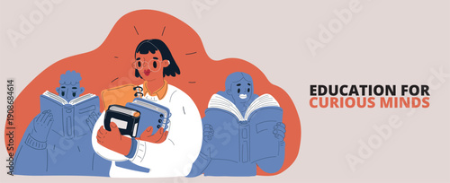 Cartoon vector illustration of a girl holding books with other girls behind her, symbolizing education, learning, and collective growth