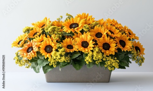 Elegant modern vase filled with bright sunflowers arranged neatly, their bold yellow petals glowing softly under natural light creating a cheerful and vibrant floral display