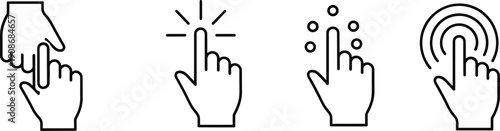 Touch gesture icons with finger interaction, vector illustration of tap, press, ripple effect, tactile feedback, user interface design elements