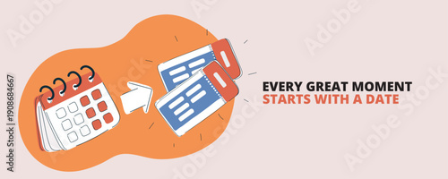 Cartoon vector illustration of a calendar with an arrow pointing to airline tickets, symbolizing travel planning, scheduling, and trip organization