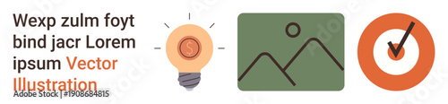 Creativity, innovation, digital marketing, design, media planning, and quality assurance. A lit bulb, image placeholder and checkmark icon. Creativity and innovation concept