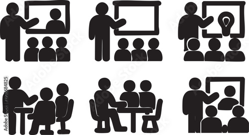 Set of black vector silhouettes and business people icons featuring a group of office figures, students, and stick person pictograms in a professional concept illustration