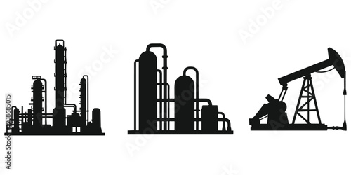 Silhouettes of oil refinery and oil pump jack on white background Keywords: oil refinery industrial plant oil pump jack drilling