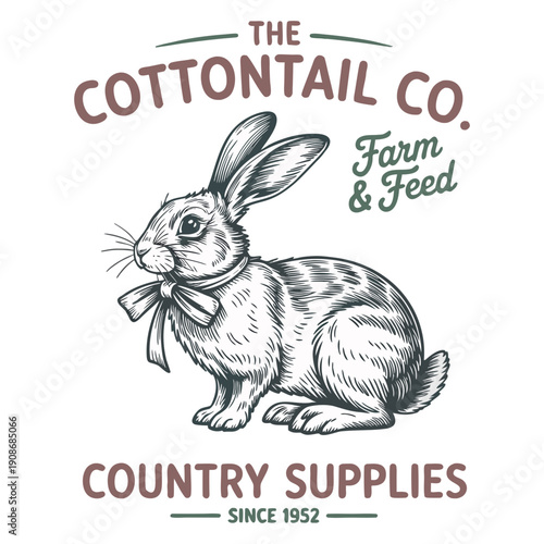A vintage-style logo design for a farm and feed store. The central element is a detailed line drawing of a cottontail rabbit