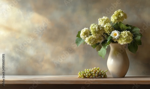 Elegant vase of daisies placed on a minimalist wooden shelf, soft natural light and clean lines creating a fresh and simple botanical setup