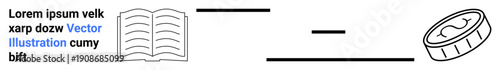 Knowledge sharing, financial exchange, education resources, currency transfer, minimalist design, learning transactions. Open book, horizontal lines and coin illustration. Knowledge sharing