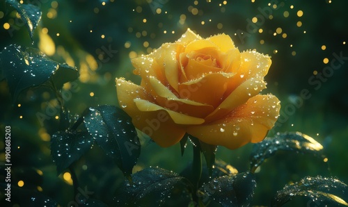 Elegant yellow rose illuminated by natural light, with dewdrops glistening on its petals and a soft green background for a tranquil composition